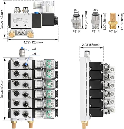 Miniatura 19 de Baomain 4V210-08 Electroválvula eléctrica, 24V DC 2-Posición 5-Way 1/4" Puerto PT, operado por piloto, cuerpo de aluminio con caja de conexiones