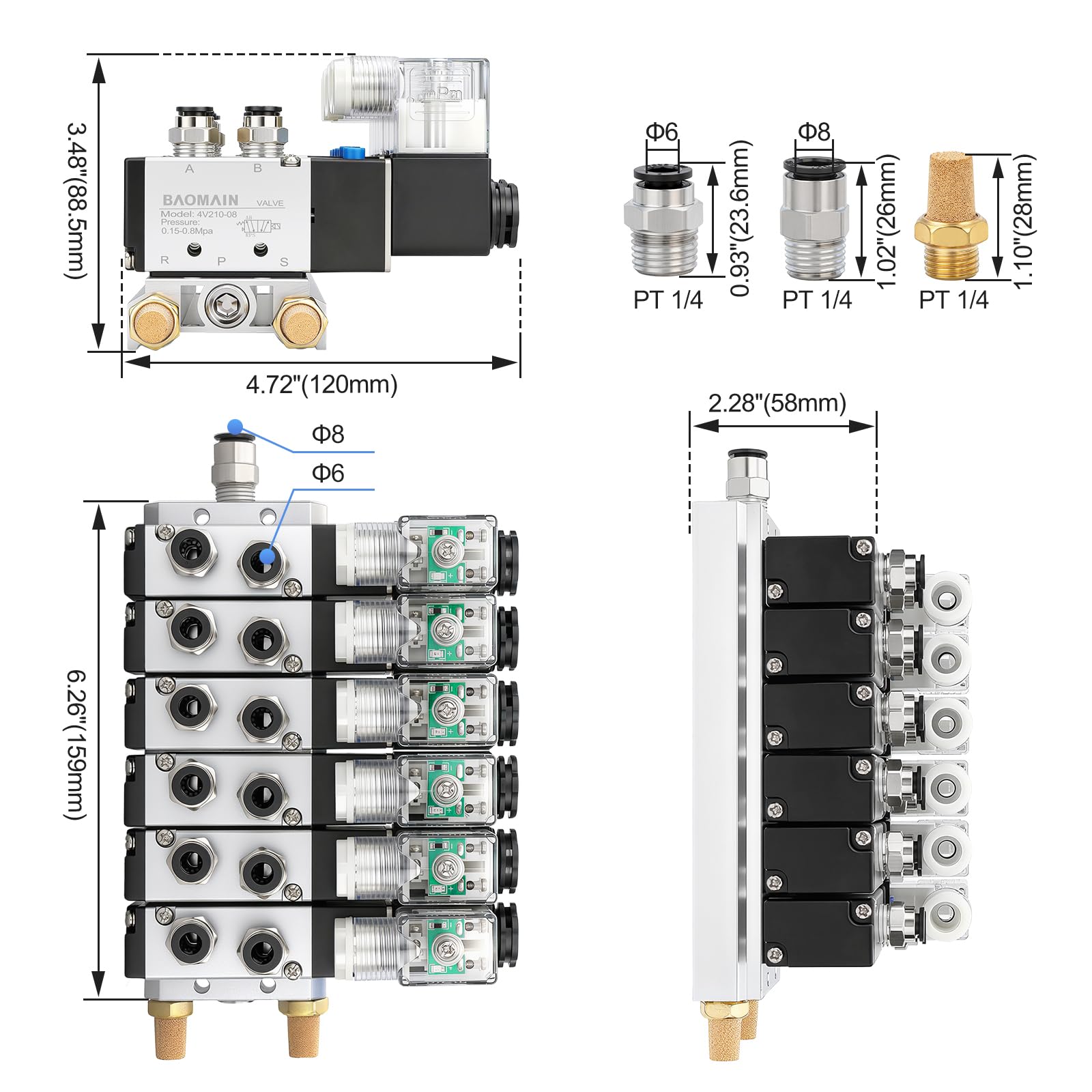 BAOMAIN Bloque de Válvulas Solenoides Neumáticas 4V210-08, 6 Estaciones, 5 Vías 2 Posiciones, 24V DC, Puerto 1/4" PT, Colector de Aire con Silenciadores y Conectores Rápidos, Control Industrial