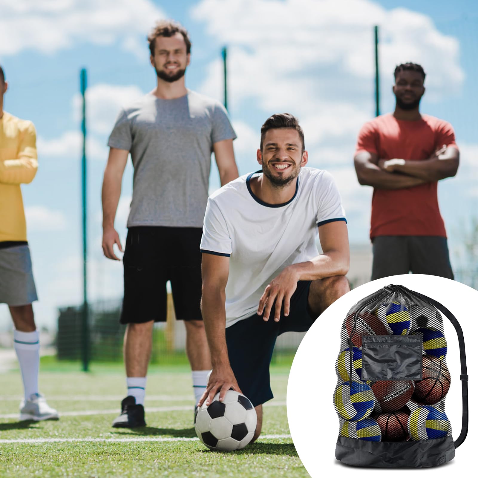 Scettar Borsa da Calcio in Rete, 101 * 76 CM Mesh Ball Bag Large con Coulisse e Tracolla, Rete Porta Palloni Portatile per Casa/Scuola/Ufficio/Palestra, Viene Fornito con 10 Birilli Gonfiabili