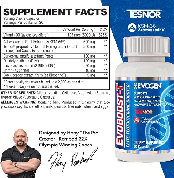 Evogen Evoboost-T - Elite Testosterone Booster for Men | Testosterone Supplement for Men Supporting Free & Total Testosterone, Strength, Hormone Optimization | Ashwagandha, Tesnor, DIM | 60 Capsules