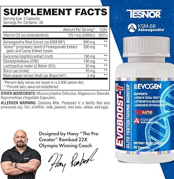 Evogen Evoboost-T - Elite Testosterone Booster for Men | Testosterone Supplement for Men Supporting Free & Total Testosterone, Strength, Hormone Optimization | Ashwagandha, Tesnor, DIM | 60 Capsules