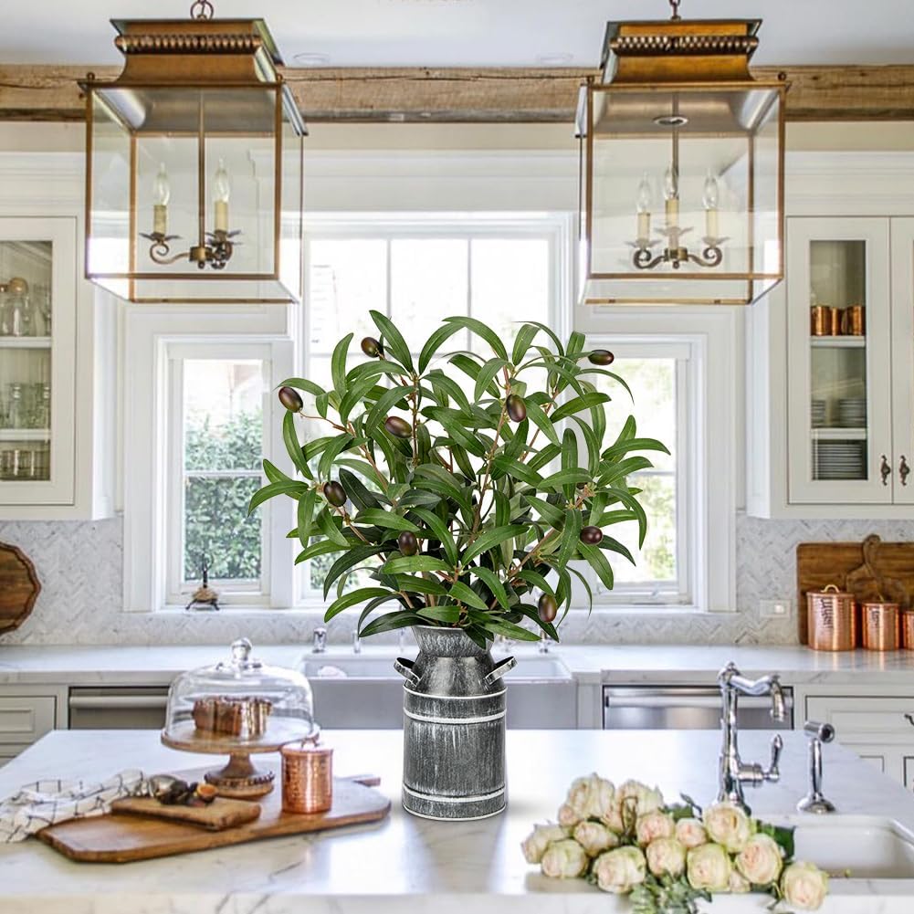 Briful Artificial Olive Branches with Rustic Metal Vase 19in Realistic Faux Olive Greenery Stems Faux Potted Plant for Home Office Room Kitchen Wedding Centerpiece Farmhouse Decor - Image 4