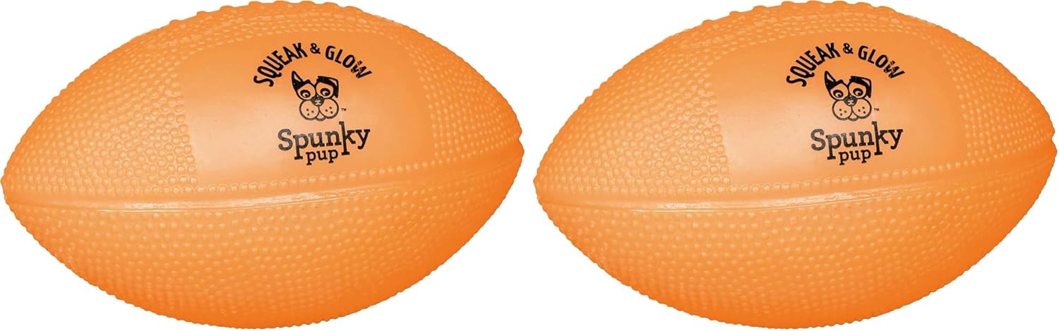 Spunky pup Squeak & Glow in the Dark Football Dog Toy | Non Toxic Day & Night Toss Footballs for Dogs | Indoor & Outdoor Active Fetch Play | Durable Waterproof & Floats | Assorted Colors (Pack of 2)