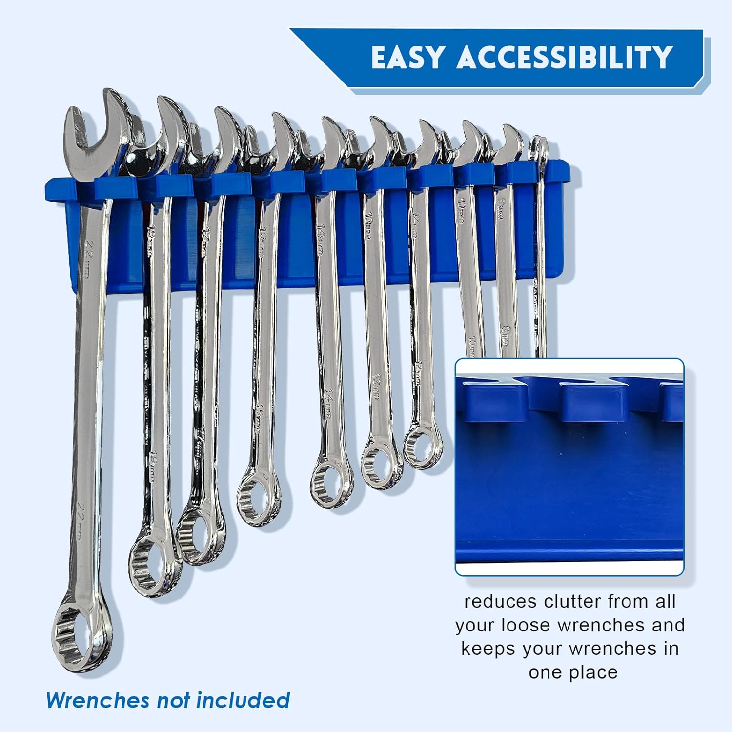 Magnetic Wrench Organizer, Tools Wall Mount Wrench Holder for 10 SAE and Metric Wrenches (Blue, 1PC)