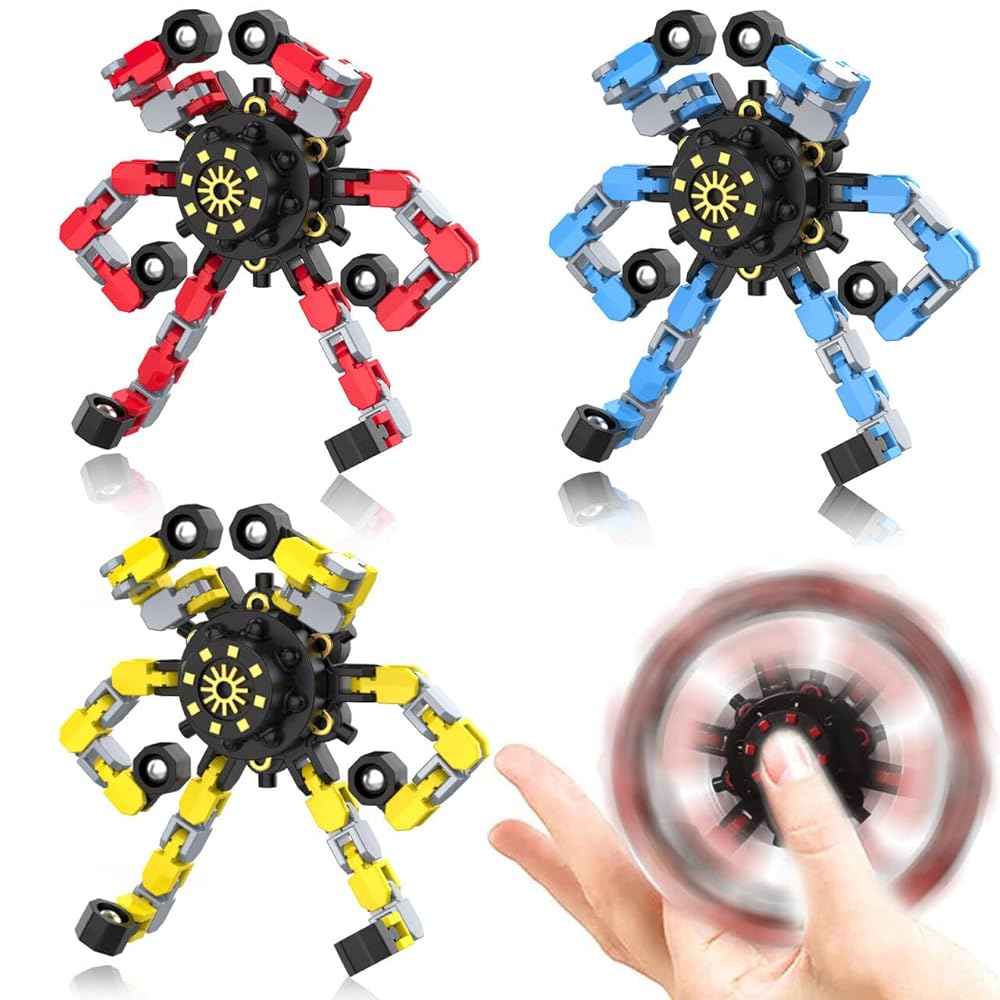 Transformable Fidget Spinners,3PCS Funny Sensory Fidget Toys Adults Deformable Chain DIY Robot Spinner,Fingertip Stress Relief Gyro Toy Party Favors Christmas Stocking Stuffers for Kids(Style-1)