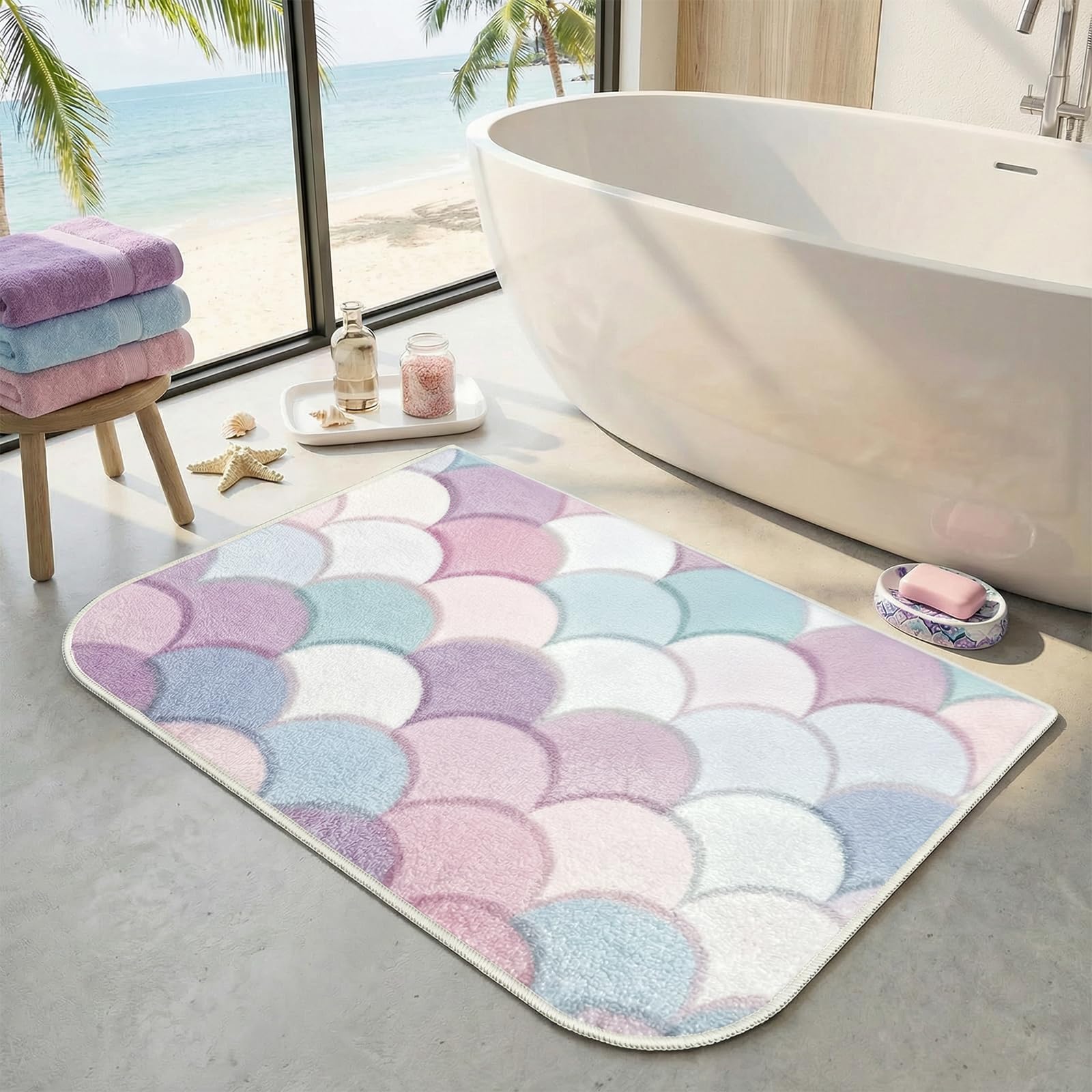 BLESWIN Bath Mat 60 x 110 CM, Soft Microfibre Large Bath Mats for Bathroom Floor, Low Pile Bathroom Mats Non Slip Washable, Bath Rug Foot Mat for Entryway Kitchen, Mermaid Scale