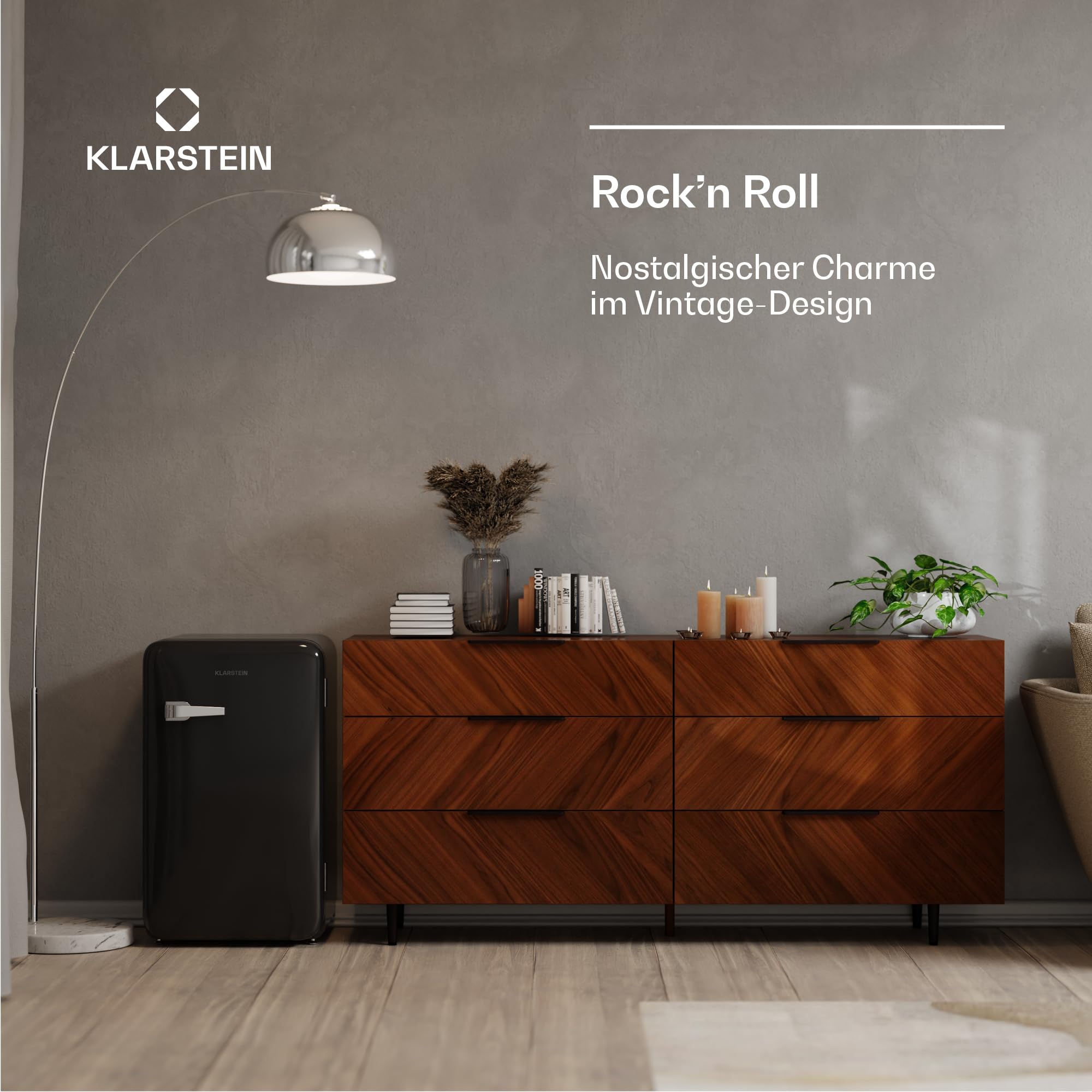 Klarstein Audrey Evo 90L Retro Mini Kühlschrank - Leise 40 dB, Kompakter Kühlschrank Klein mit Verstellbaren Füßen, Wendetür, Mechanischem Thermostat, Schwarz