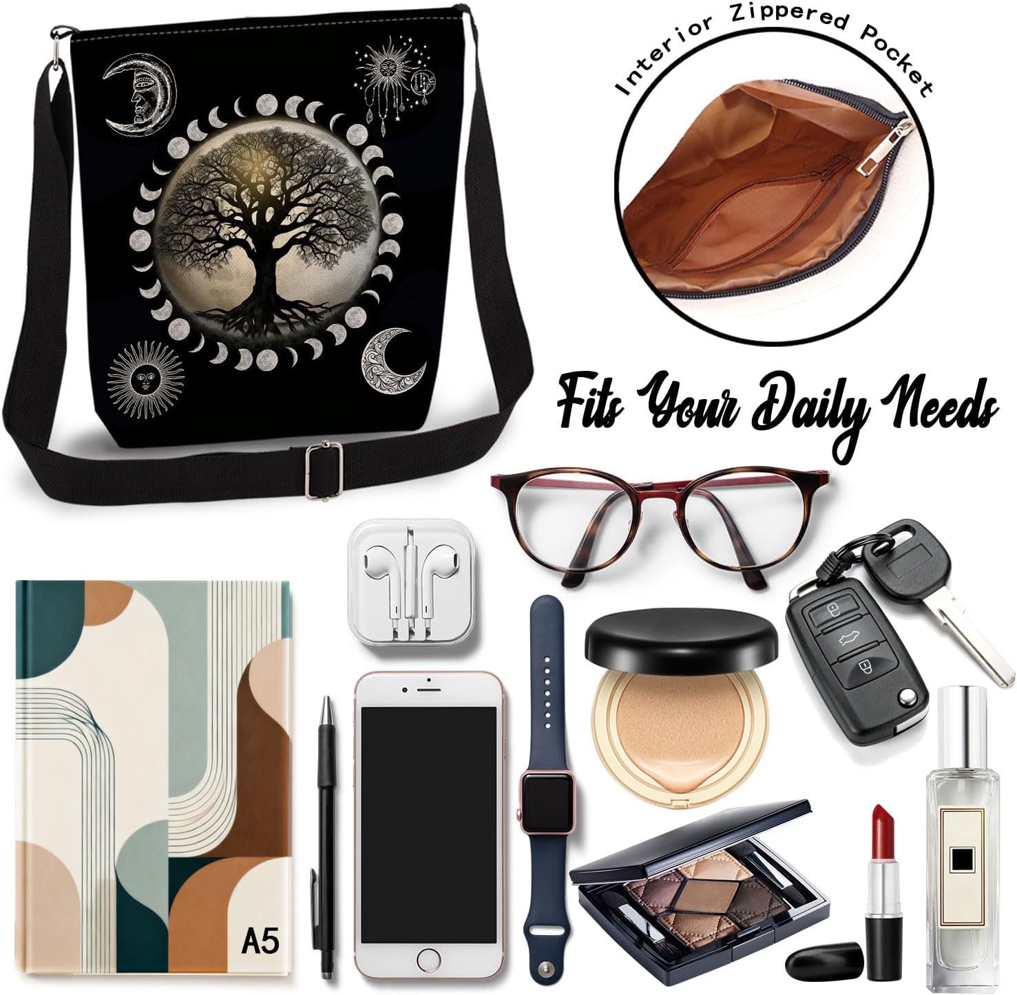 Tree of Life Print Canvas Crossbody Bag, Adjustable Strap Lightweight Purse with Top Zipper & Inner Pocket, Daily Shoulder Bag Gift for Women -3 - Image 6