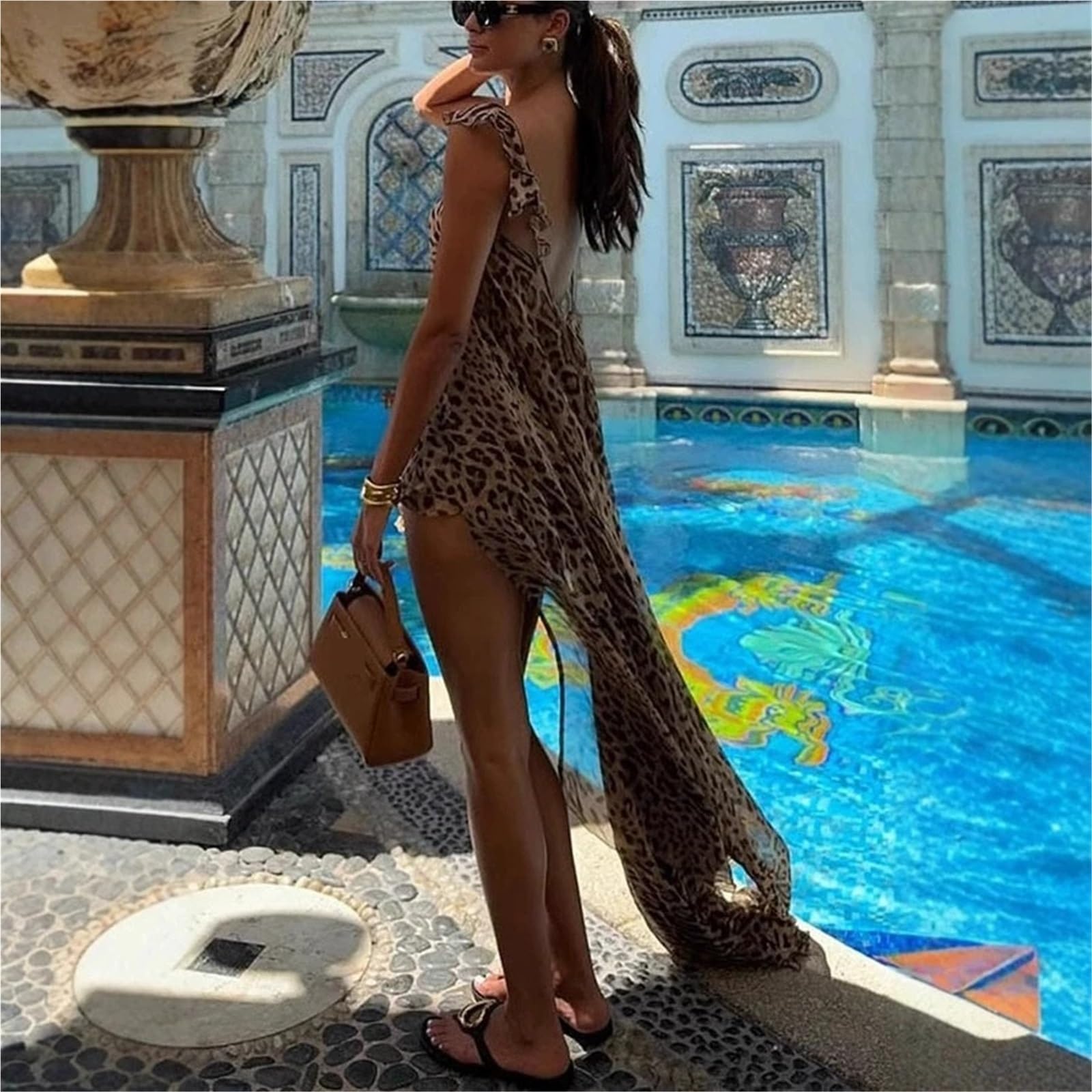 Copricostume Lungo in Chiffon Abito da Spiaggia in Chiffon Stampato Leopardato Maxi Copricostume Donna Costume Bagno Bikini Vestito Estivo
