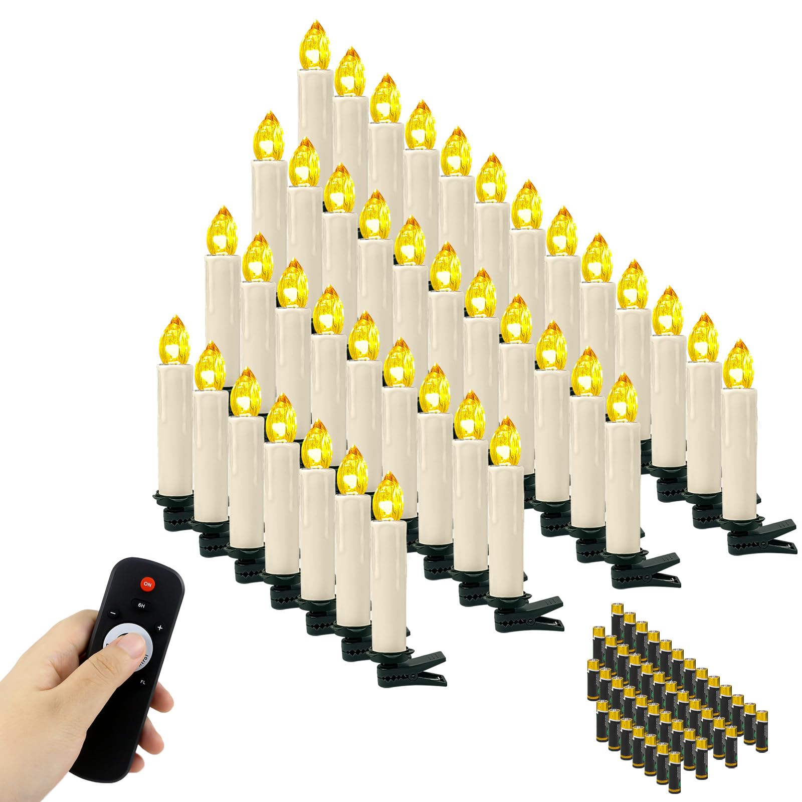 OZAVO 40pcs Christmas Tree Candles with Remote and Battery, LED Flameless Flickering Taper Candles with Removable Clips for Home Party Xmas Trees Decor