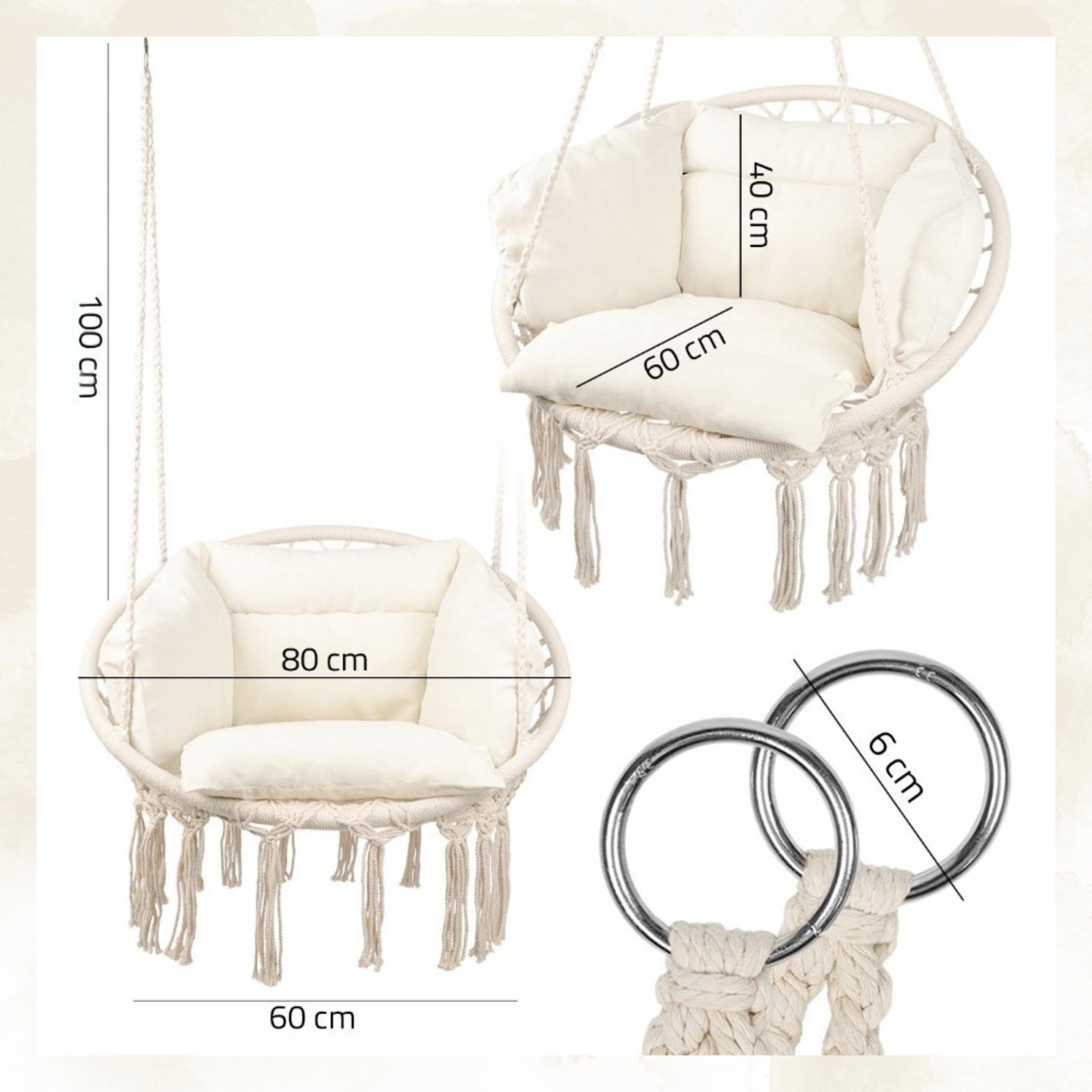 Deccart Makramee Hängesessel mit Kissen - Runder Hängestuhl aus Baumwolle - Boho Hängesitz Beige - stabile Metallringe, hängender Sessel für Wohnzimmer, Balkon, Garten, Kinderzimmer