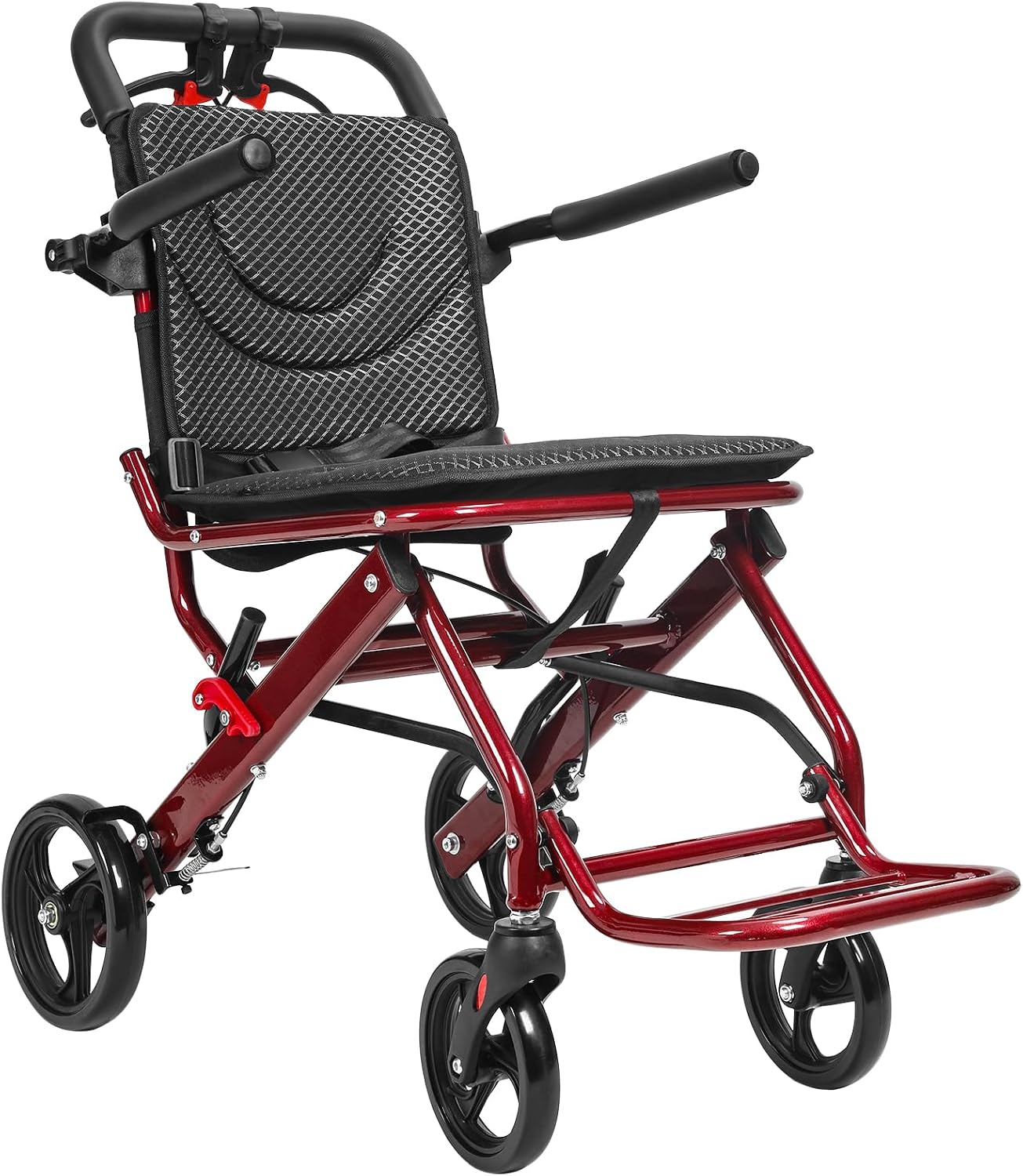Folding Wheelchair, Lightweight Portable Transit Travel Chair for Adults Ergonomic Design (15.75-inch-Wide seat-Red)