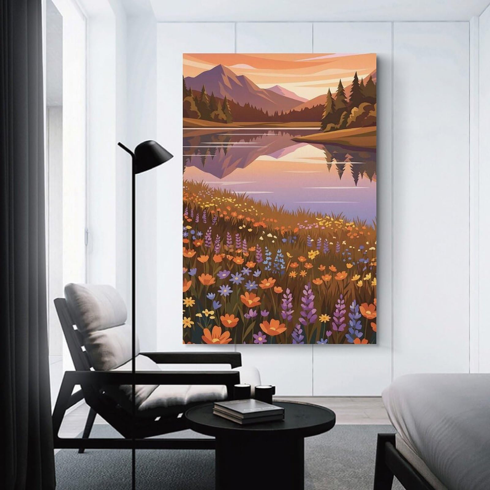 Junmoney Decorative Wall Artwork Serene Mountain Lake at Sunset, 24x36inch(60x90cm), for Calm Bedrooms, Home Corners Or Flats, An Easy Wall Refresh for Bedrooms