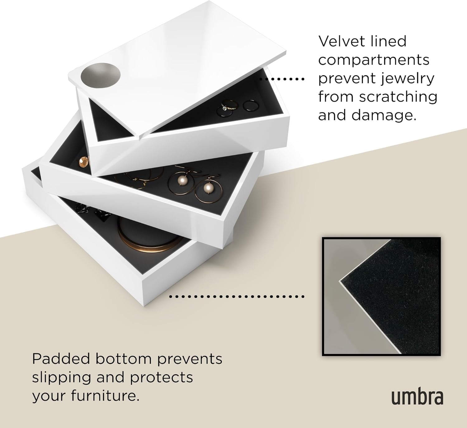 Umbra Spindle Jewlery Box, Stacked Jewelry Box with Three Compartments, High-gloss Finish, White