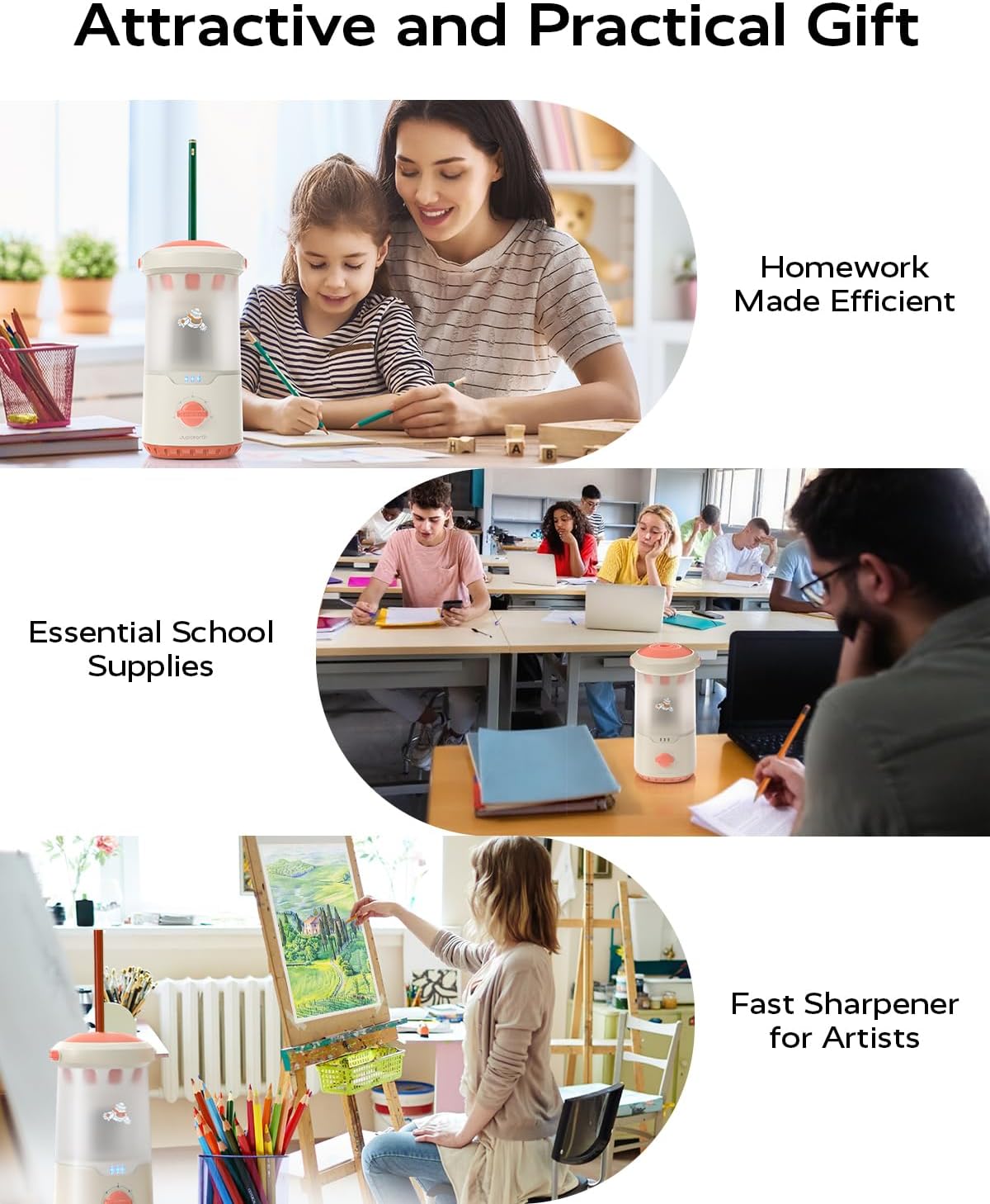 JUPITEARTH Electric Pencil Sharpener for Kids, Hands-Free, Rechargeable, Auto in & Out Spaceship Fully Automatic Pencil Sharpener Fits 6.9-11mm Colored/No.2 Pencils for Classroom Home Office (Pink)