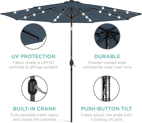 Vista 134 de Best Choice Products - Sombrilla solar de 7.5 pies para exteriores, patio, mesa, mercado, terraza, piscina con inclinación, manivela, luces LED