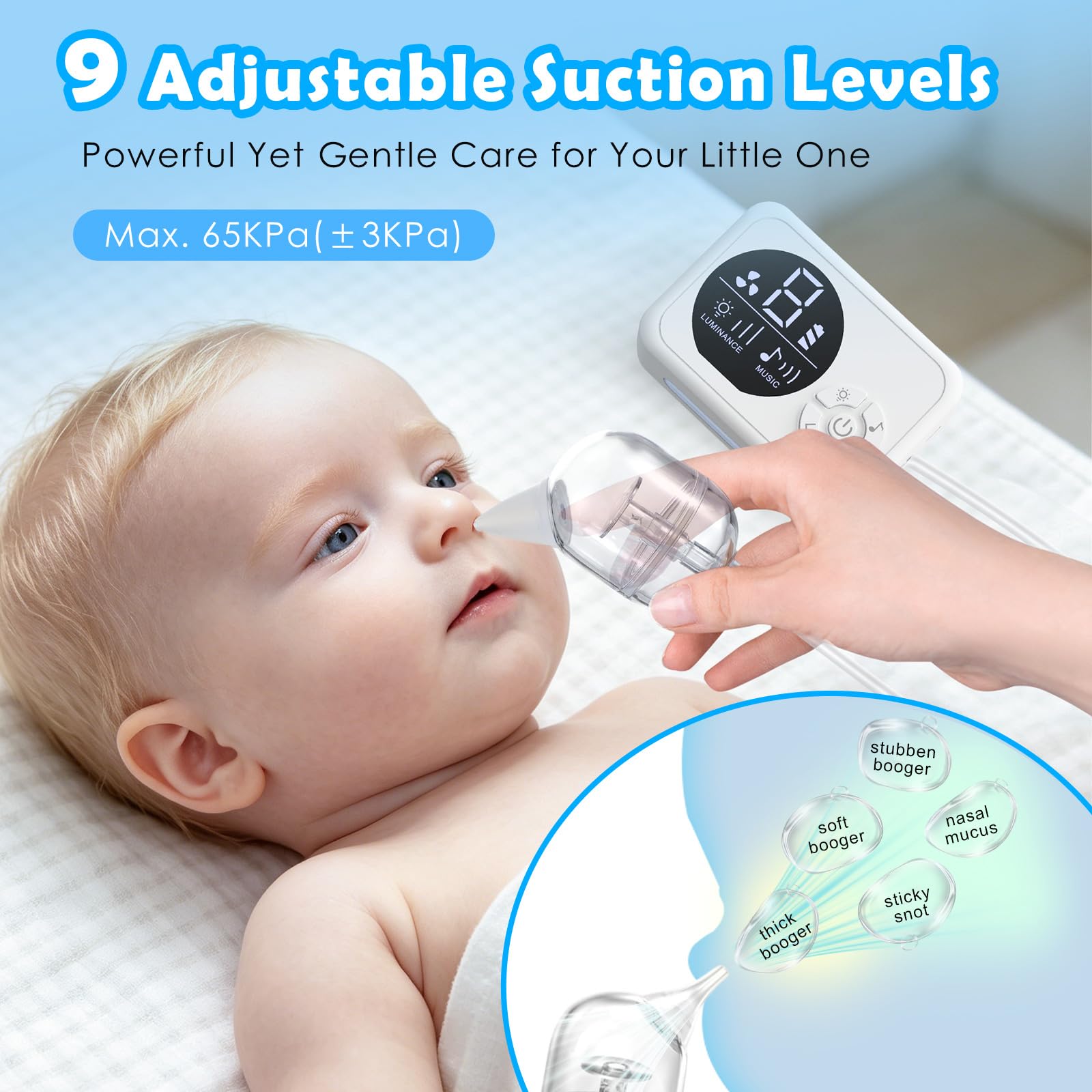 Baby Nose Cleaner mit 9 Saugstärken, 3 Größen Silikon Tipps, Nachtlicht & 10 Beruhigender Musik