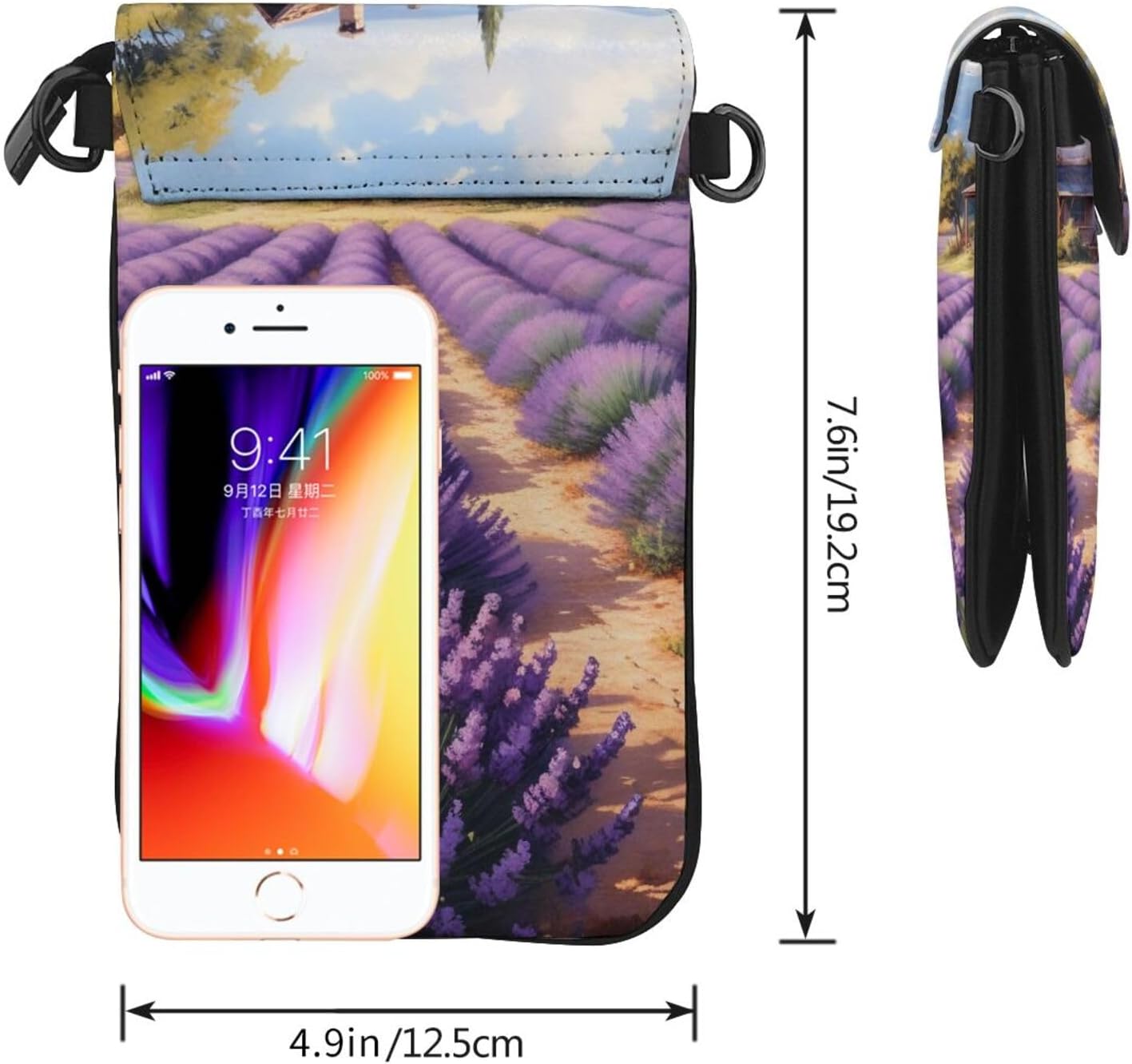 Small Crossbody Bags for Women,Leather Shoulder Bag for Cell Phone Purse with Strap and Purple Lavender Field Printed