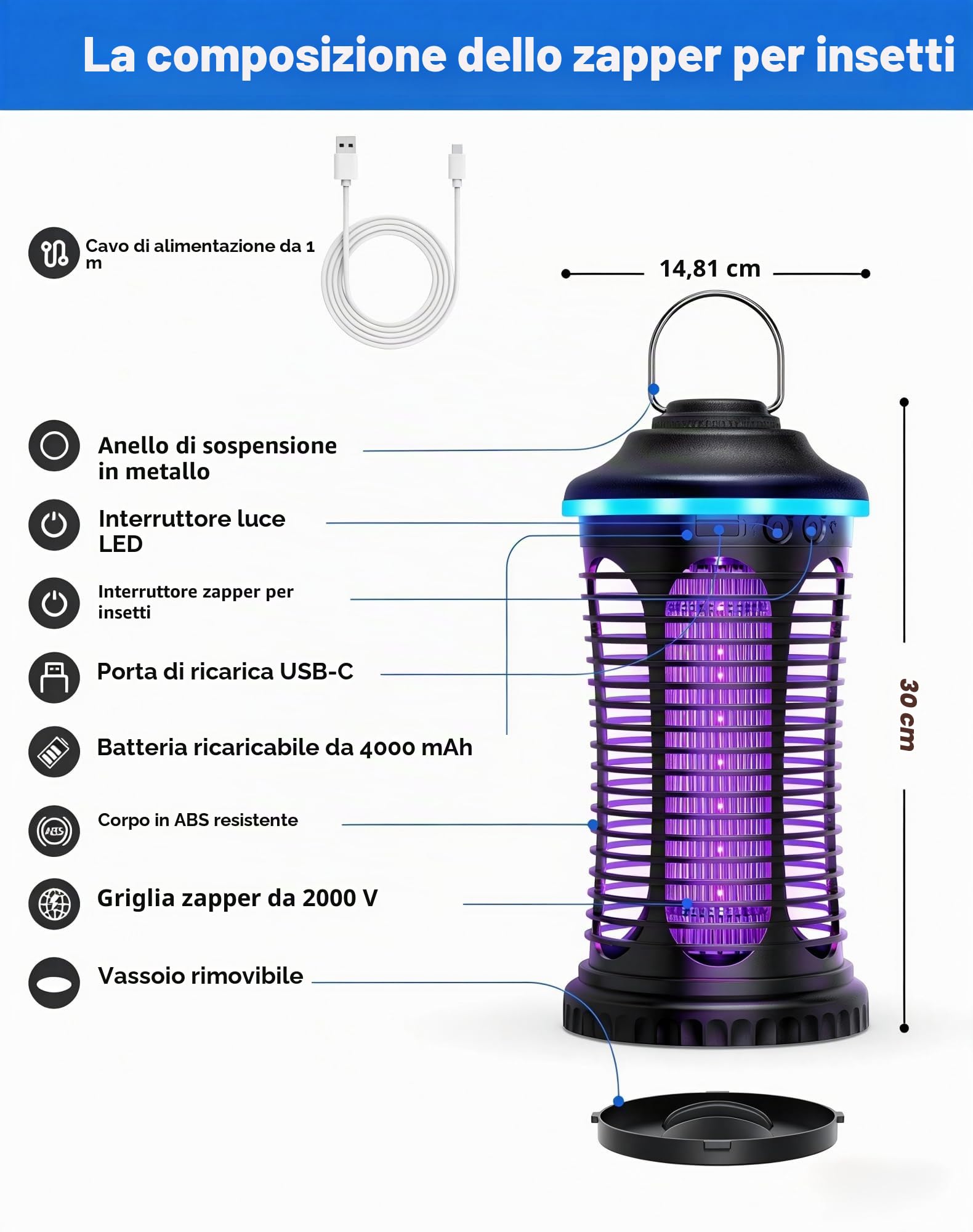Lampada Antizanzare Elettrica, 4000mAh Zanzariera Elettrica, Trappola per Mosche per Insetti Ricaricabile USB Portatile per Casa, Cucina, Giardino, Campeggio