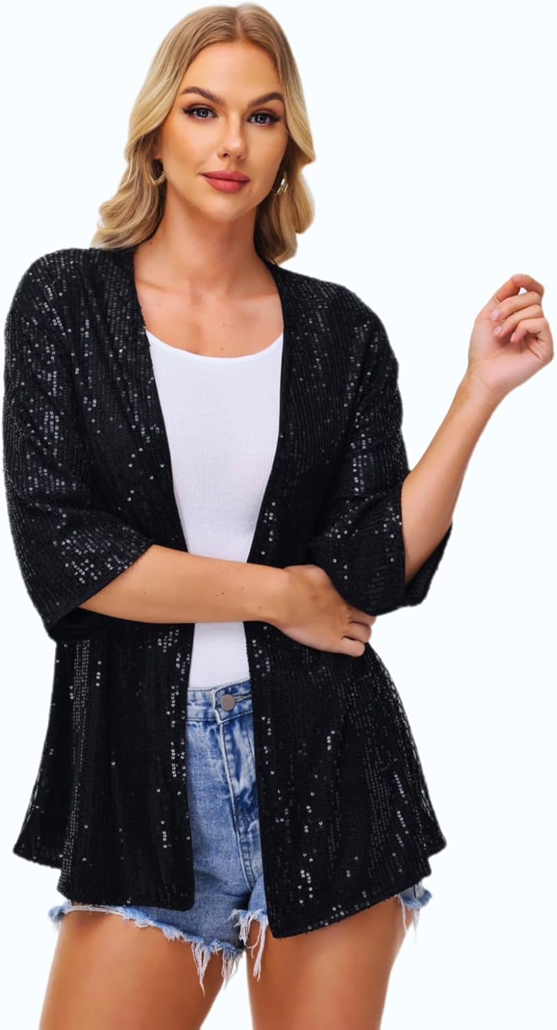 Women's Sequin Cardigan Casual 3/4 Sleeve Shinny Coat Open Front Sparkle Outwear Party Evening Glitter Cardigans - Image 6
