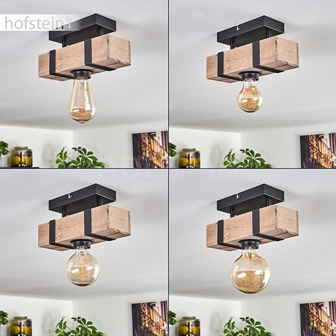 hofstein HOFSTEIN Plafondlamp Montgomery, moderne plafondlamp van metaal/hout in zwart/naturel, lamp in industrieel design met houten balken, 1 x E27, zonder lamp photo 3