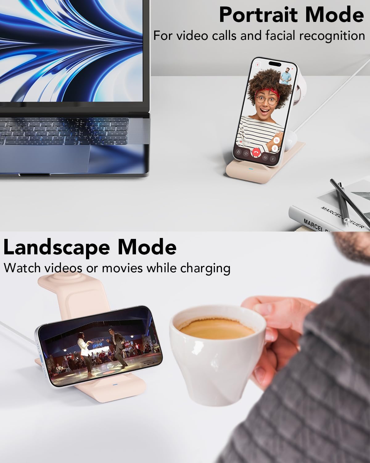 iPhone charging in both portrait and landscape modes on the HATALKIN 3-in-1 Wireless Charging Station.