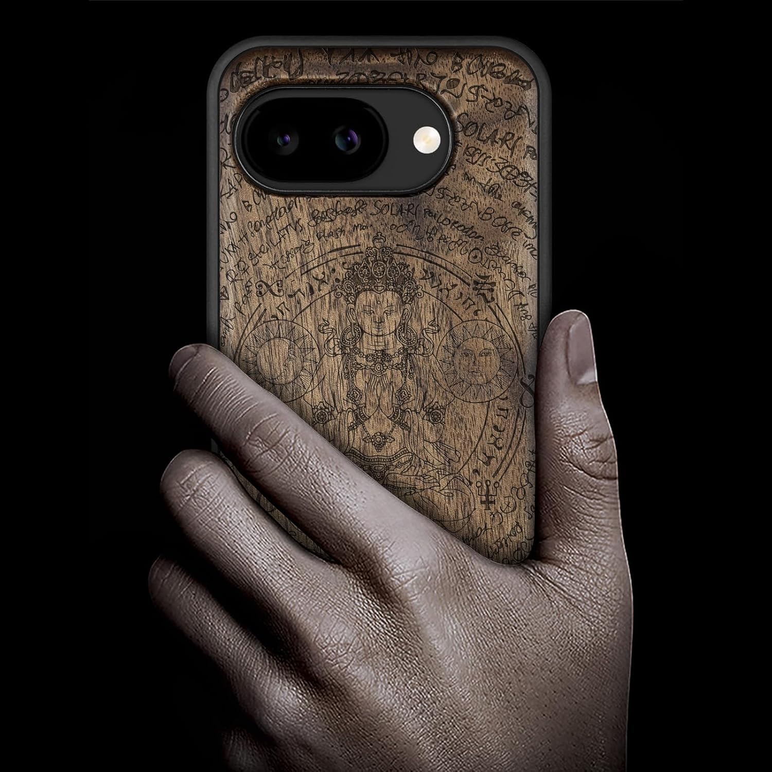 Carveit Magnetic Wooden Case for Google Pixel 10a Case, Wood Artisan Engraved & Soft TPU Shockproof Cover, Compatible with MagSafe Wireless Chargers (Enigmatic Buddha) Walnut