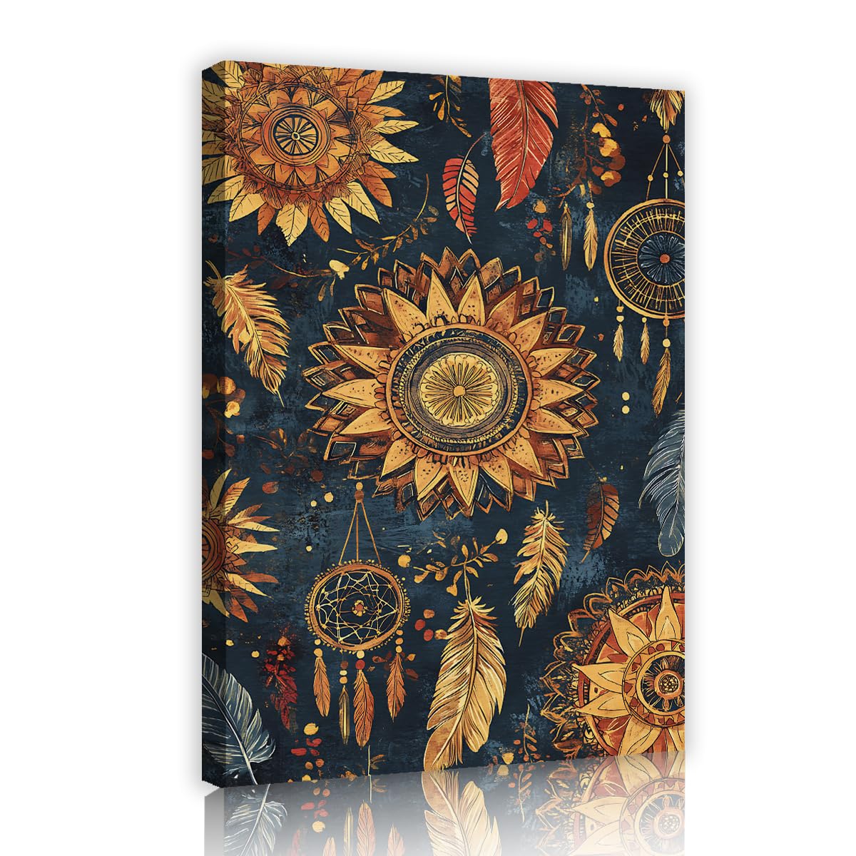 Via Vela Sun and Moon Framed Canvas Wall Art Celestial Sunflower Feather Picture Mandala Geometric Art Poster Vintage Rustic Style Artwork For Bedroom Headboard 70x105cm