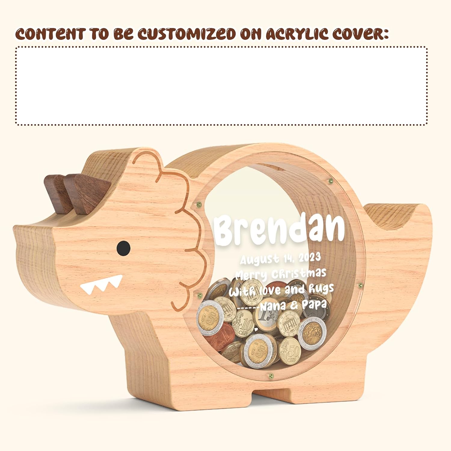 Summidate Custom Wooden Dinosaur Piggy Bank, Large Money Bank for Kids Boys image 2