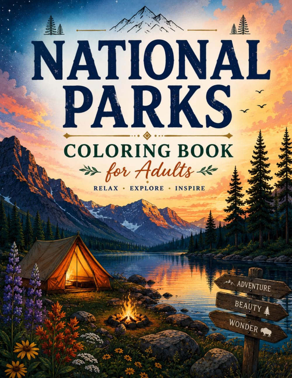 National Parks Coloring Book for Adults: Peaceful Wilderness Scenes, Mountains, Forests & Wildlife.