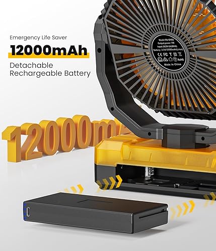 Miniatura 3 de Ventilador de camping portátil 3 en 1, 9 pulgadas, 12000 mAh, batería desmontable, ventilador recargable con LED y control remoto, ventilador de