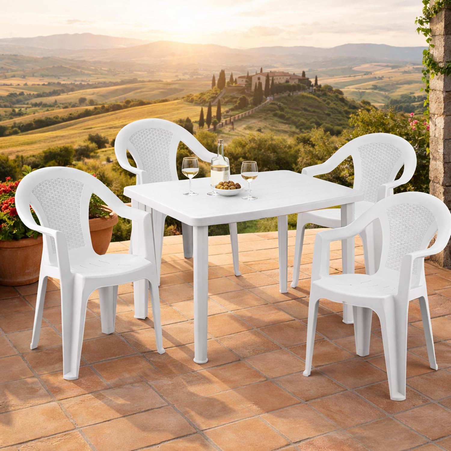 Mojawo Campingmöbel 5tlg Gartengarnitur Outdoormöbel Gartentisch Kunststoff Eckig 100x70cm H72cm + 4 Stapelstühle Kunststoff Weiß