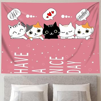 Pink Cat Posters Wall Cute 60X40 Tapestry For Bedroom Hot Pink Cartoon Animal Cats Fun Tapestry Wall Hanging Decor Ceiling Wall Tapestries For Home Decor Cute Anime Room Tapestry For Teen Girls