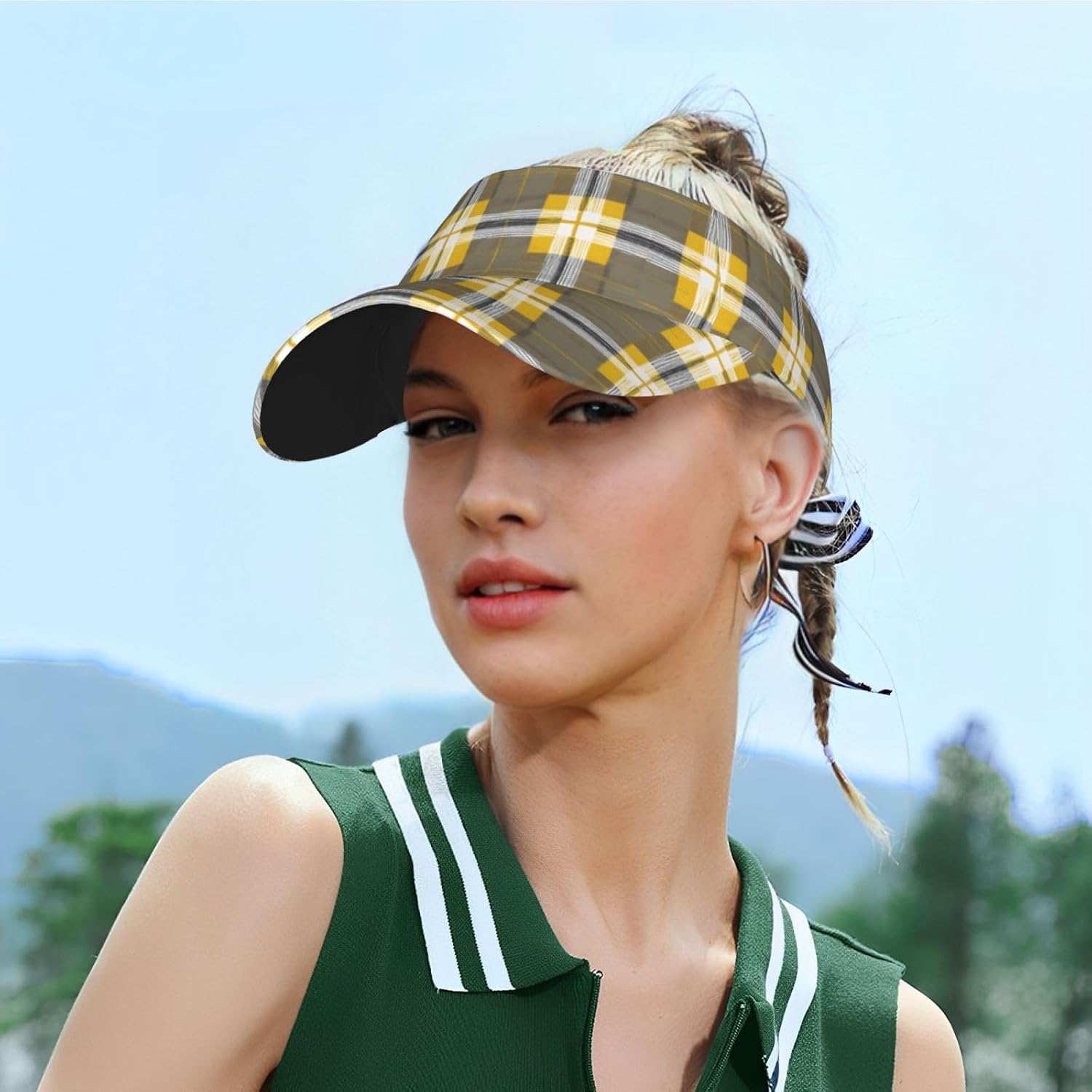 (Yellow Gray Black Plaid) Adult Sun Visor Hat Adjustable Open Top Sports Cap Breathable for Men Women Beach Vacation Essentials