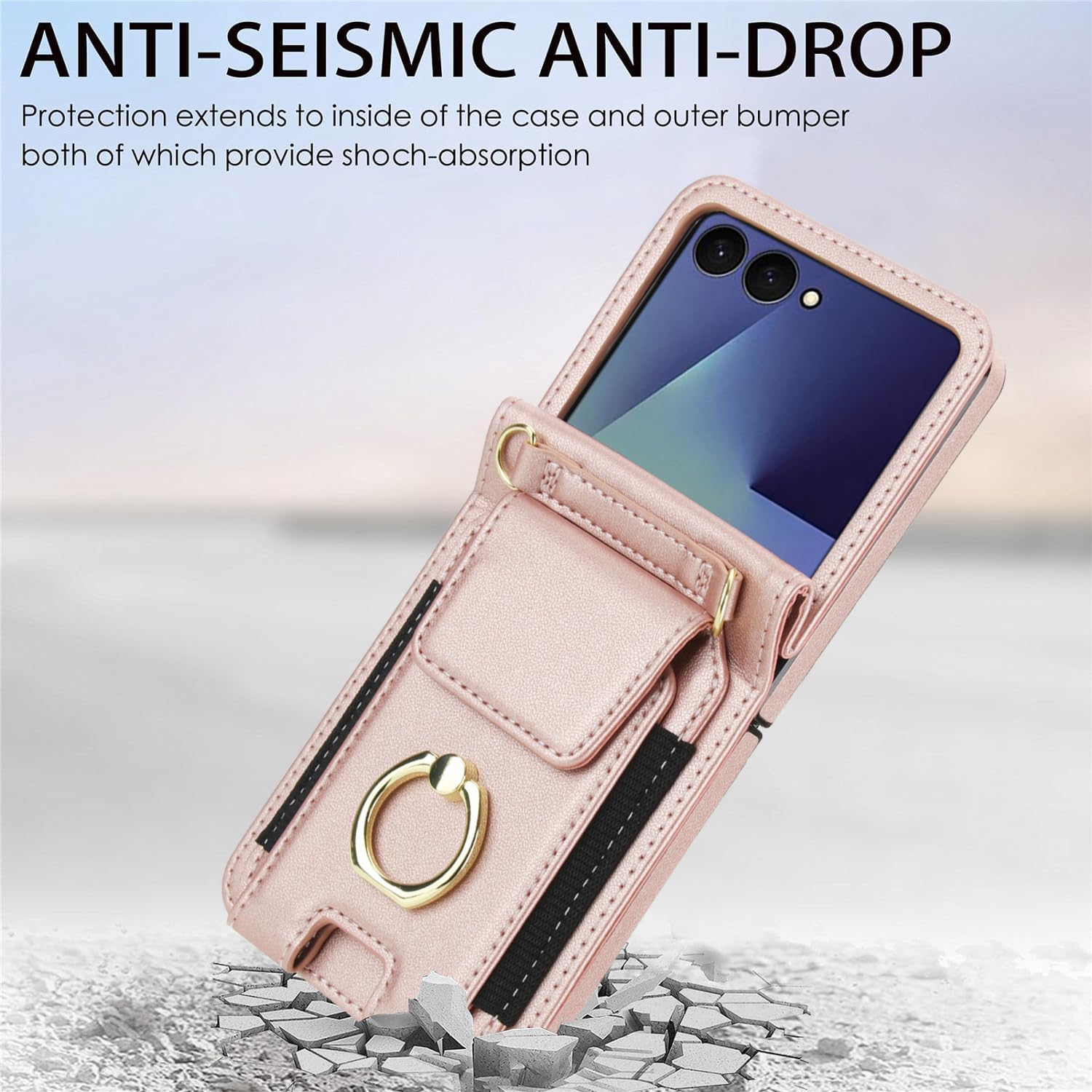 Asuwish Phone Case for Samsung Galaxy Z Flip 7 5G Wallet Cover with Ring Crossbody Wrist Strap Lanyard Credit Card Holder Slot Cell Leather Purse ZFlip 7Z Z7 G Flip7 ZFlip7 Women Men Girls Rose Gold