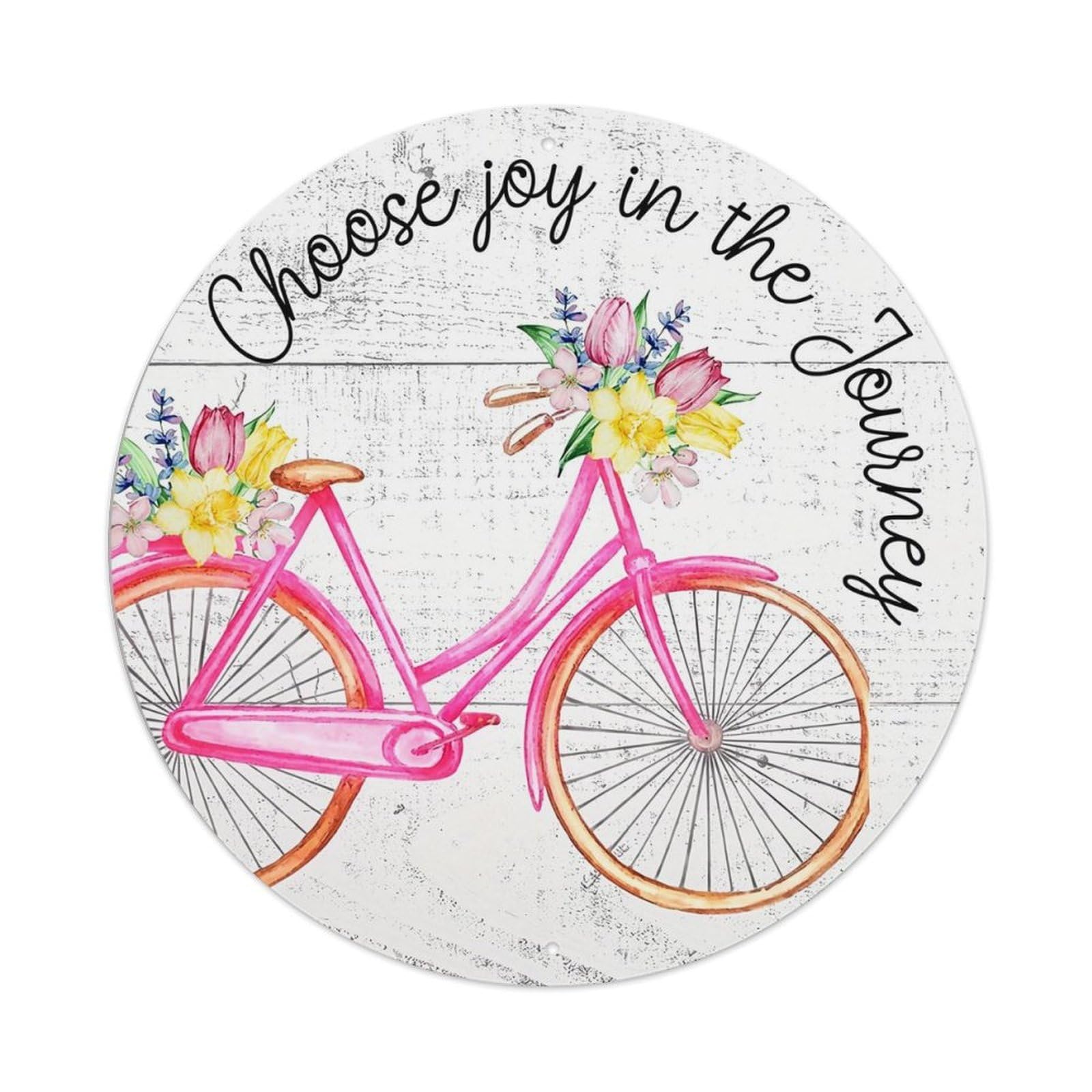 Pink Bicycle With Flowers And Text Vintage Round Tin Sign Retro Metal Wall Decor Metal Poster, Home Bar Garage Cafe Wall Art Decoration 8x8Inches