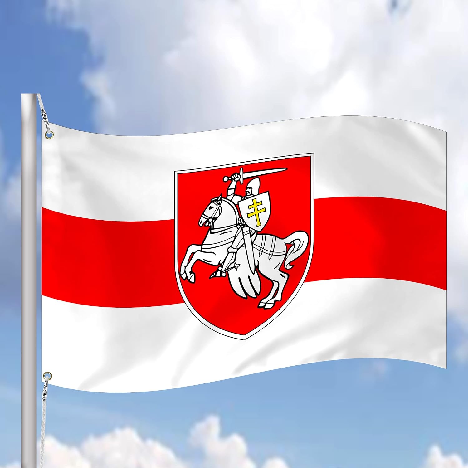 Pagonya Red-White Belarus Minsk Knight Flag with Brass Grommets - Vivid Color Freedom Flag Pagonia Coat of Arms House Decor Gift Banner, BNR BNF Opposition Historical 3x5 Double Stitched