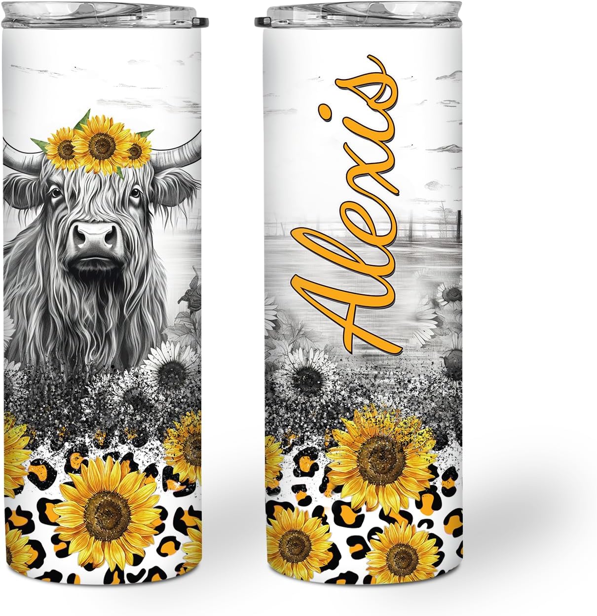 Hyturtle Personalized Cow Skinny Tumbler Gifts For Cow Lovers - Cow Gifts For Women - Birthday Christmas Gifts For Cow Girls - Milk Cow Sunflower Leopard Custom Name 20oz Stainless Steel Tumbler