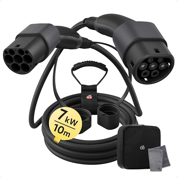 dé Type 2 Câble de Recharge Voiture Électrique 7,4kW 10m, Monophasé, 32A, Cable Type 2 avec Sac de Transport, Compatible avec e-208, Spring, 500e, Model 3, Megane EV, Zoe et Autres EV et PHEV - 1