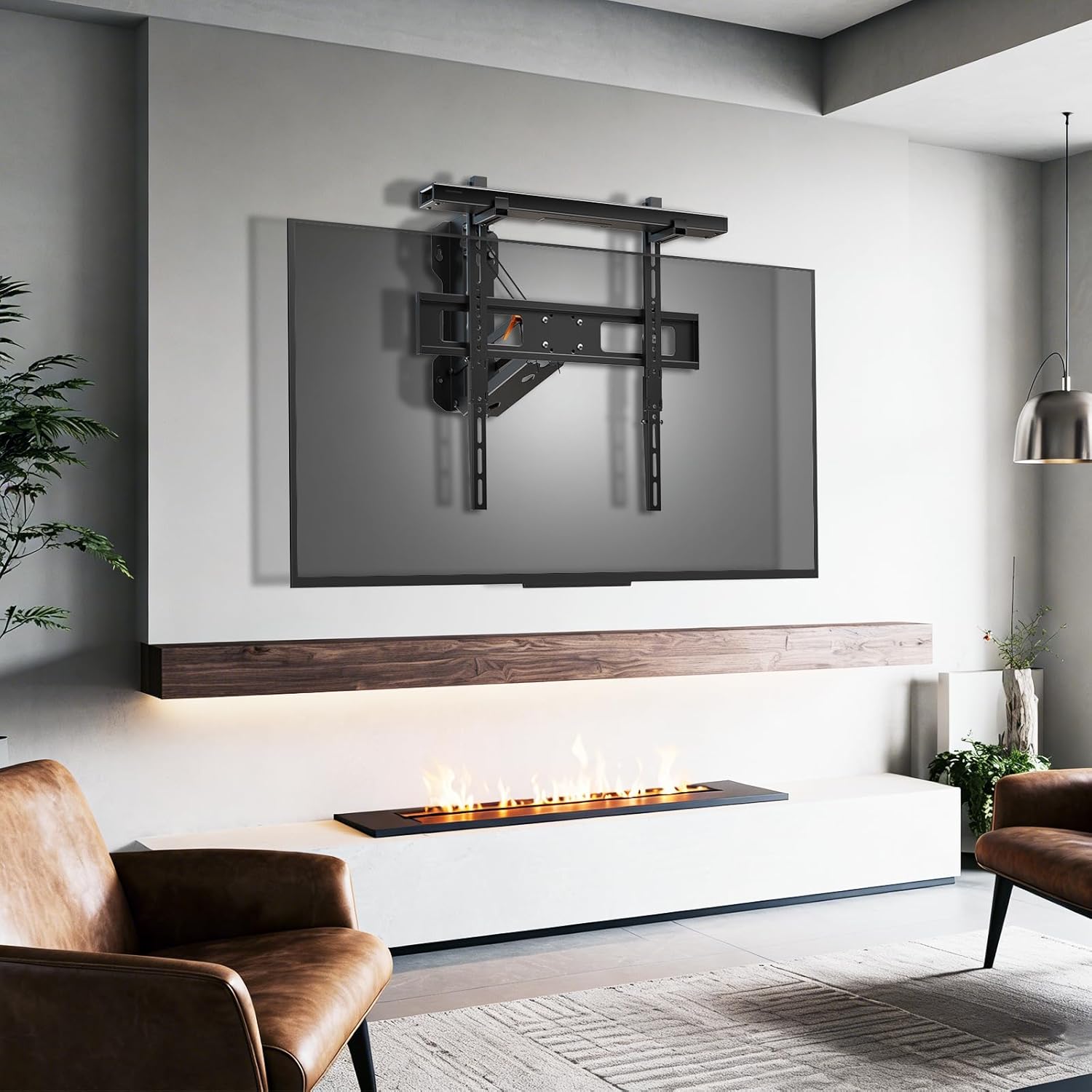Motorized Pull Down TV Mount with Speaker Bracket Over Fireplace, Electric Height Adjustable Wall Mount for 32-70" TV up to 77lbs, Full Motion Swivel & Tilt, Remote Control, Max VESA 600x400mm