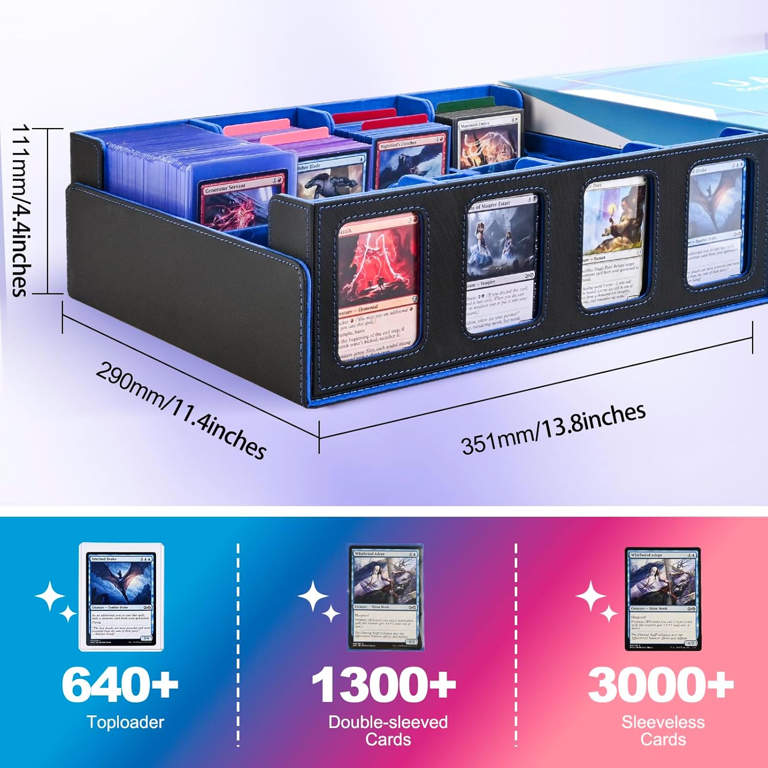 Trading Card Storage Box with Commander Display; 2400+ Deck Box for MTG with Removable Cover; Top Loaders Card Case fits Magic TCG PTCG Sports Cards; 24 Dividers, 4 Stoppers (Black, Blue)