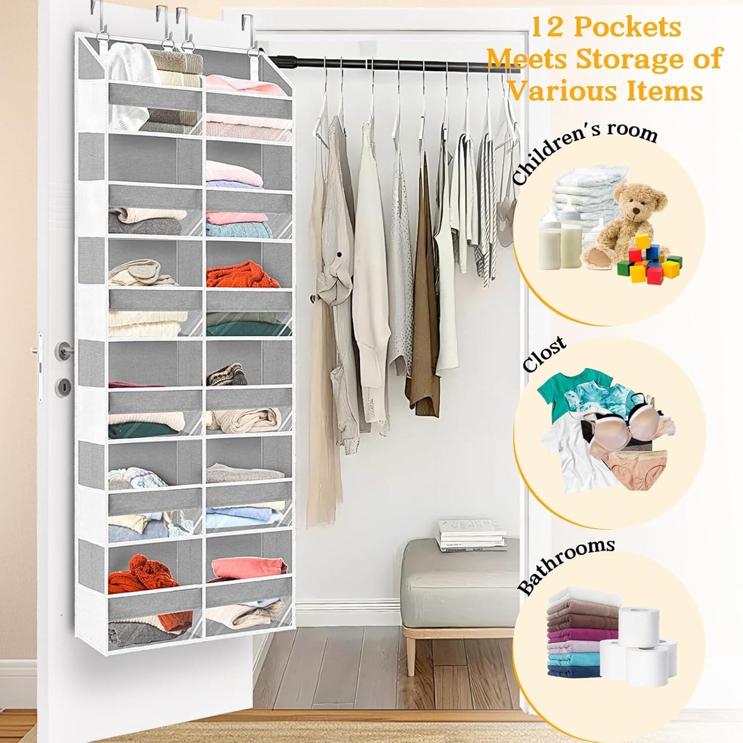Over The Door Organizer 6 Tiers, Extra Large Behind Door Storage of 12 Compartments, 80 lbs Weight Capacity Hanging Storage Organizer with Clear Window Kids Toys,Shoes,Diapers,Room Storage,Light Grey