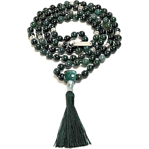 Certified Energized Mala Beads Necklace with COA - Chakra Mala - Japa Mala - 8mm 108 Buddhist Prayer Beads - Meditation Mala - Tassel Necklace – Zodiac/Sun Sign stones (Moss Agate)