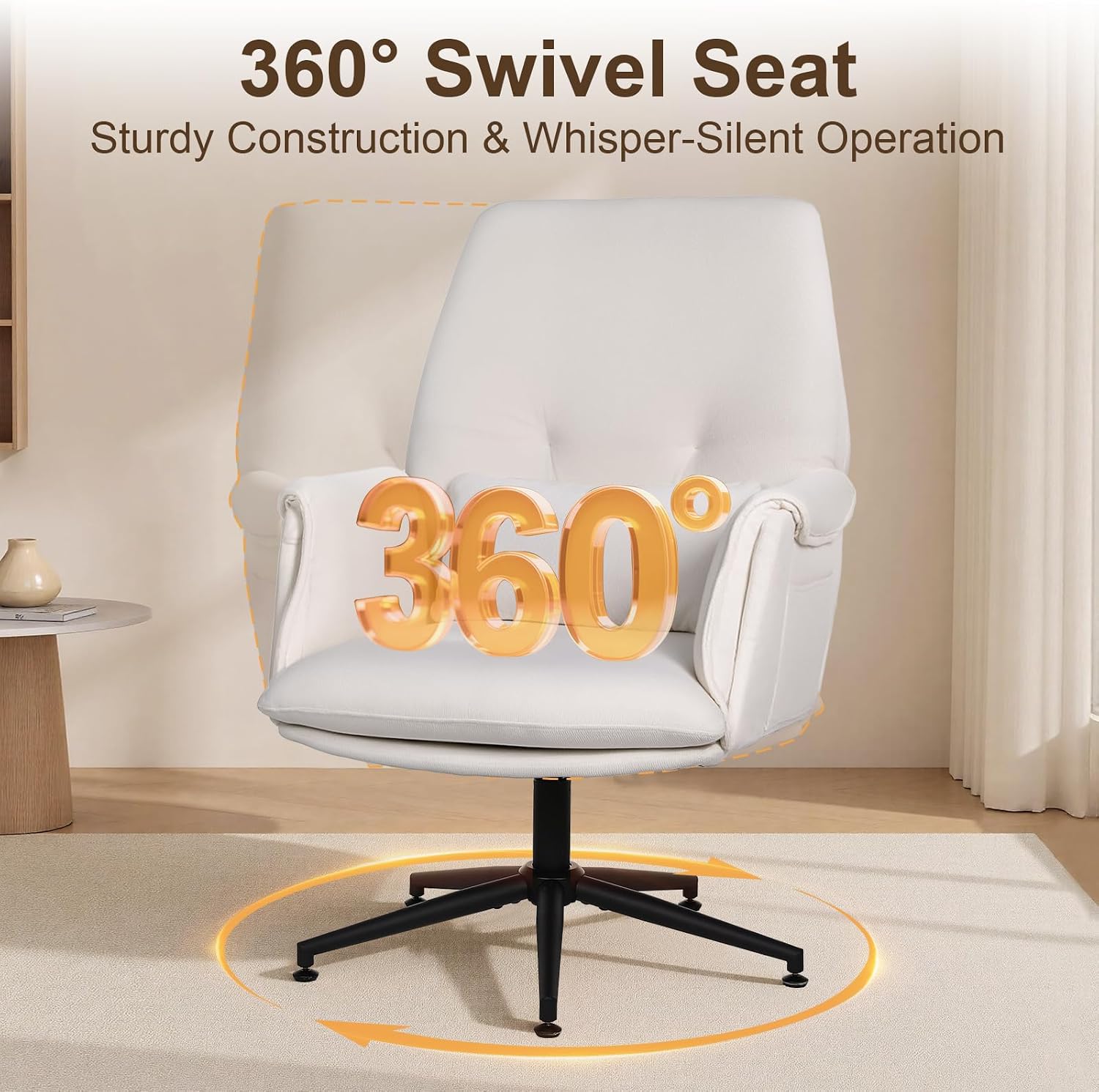 Stationary Office Desk Chair No Wheels, 1 PC Fabric Comfy Vanity Chair with Back and Arms, Modern Swivel Bedroom Reading Chair, Computer Chair for Living Room, Bedroom, Make Up, Home Office