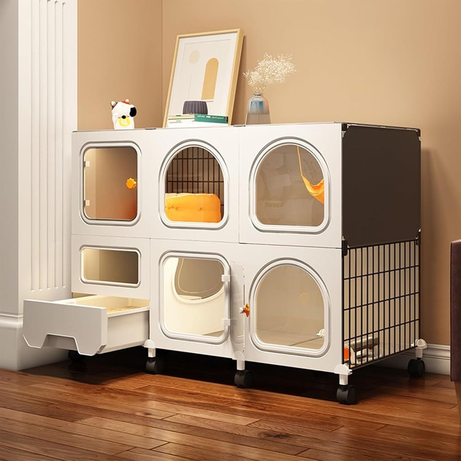Cat Cages with Litter Box, Indoor Cat Cage with 360 Degree Movable Universal Wheel, Kitten Playpen Kennels, Clear Window, Stress Free Space for Your Kitty (42" L x 14" W x 30" H)