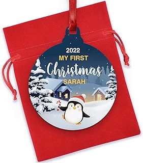 Baby My First Christmas Tree Wooden Decoration Ornament Penguin Bauble, Personalised 1st First Christmas With Baby Son Daughter Christmas Tree Hanging Ornament, Babys 1st Xmas, With Red Bag