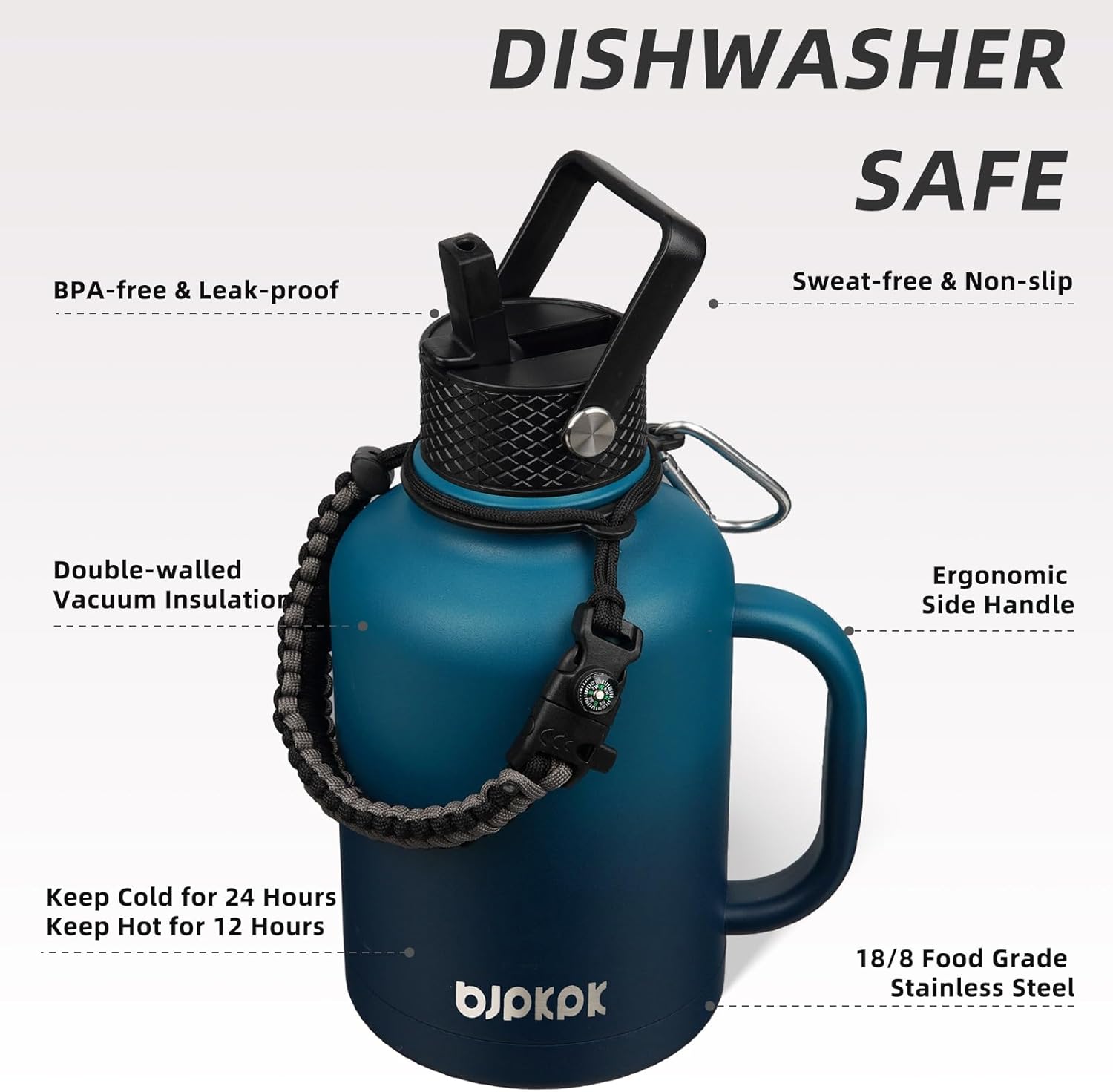 BJPKPK Large Insulated Water Bottles with Straw Lid & Handle, 50oz Water Bottle with 3 Lids and Paracord Strap, Stainless Steel Metal Water Bottle, Insulated Water Jug, Vast - Image 2