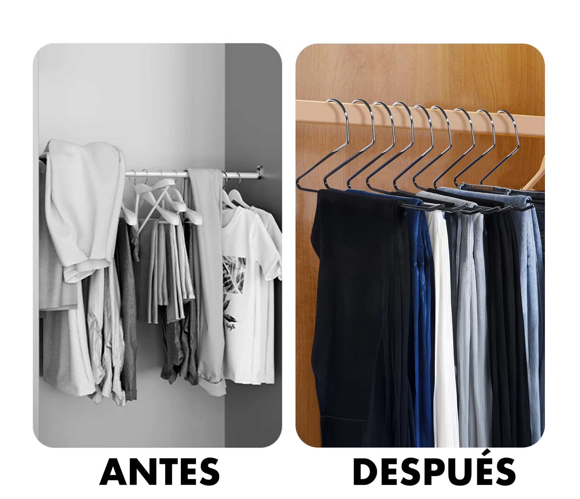 Perchas para Pantalones Ahorra Espacio. Pack de 20 Unidades. Resistentes. Metalicas. Antideslizantes. Lado Abierto. Sin Pinzas. Organizador Armario. Vaqueros, Bufandas, Chinos, Chandal, Jeans.