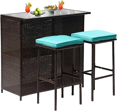 PayLessHere Rattan Bar Set 3Pcs Patio Wicker Bistro Set Sturdy Frame Bar Height Table with Glass Table Top Storage Shelves 2 Bar Stools for Patio Poolside Porch Outdoor Indoor, Khaki (Blue)