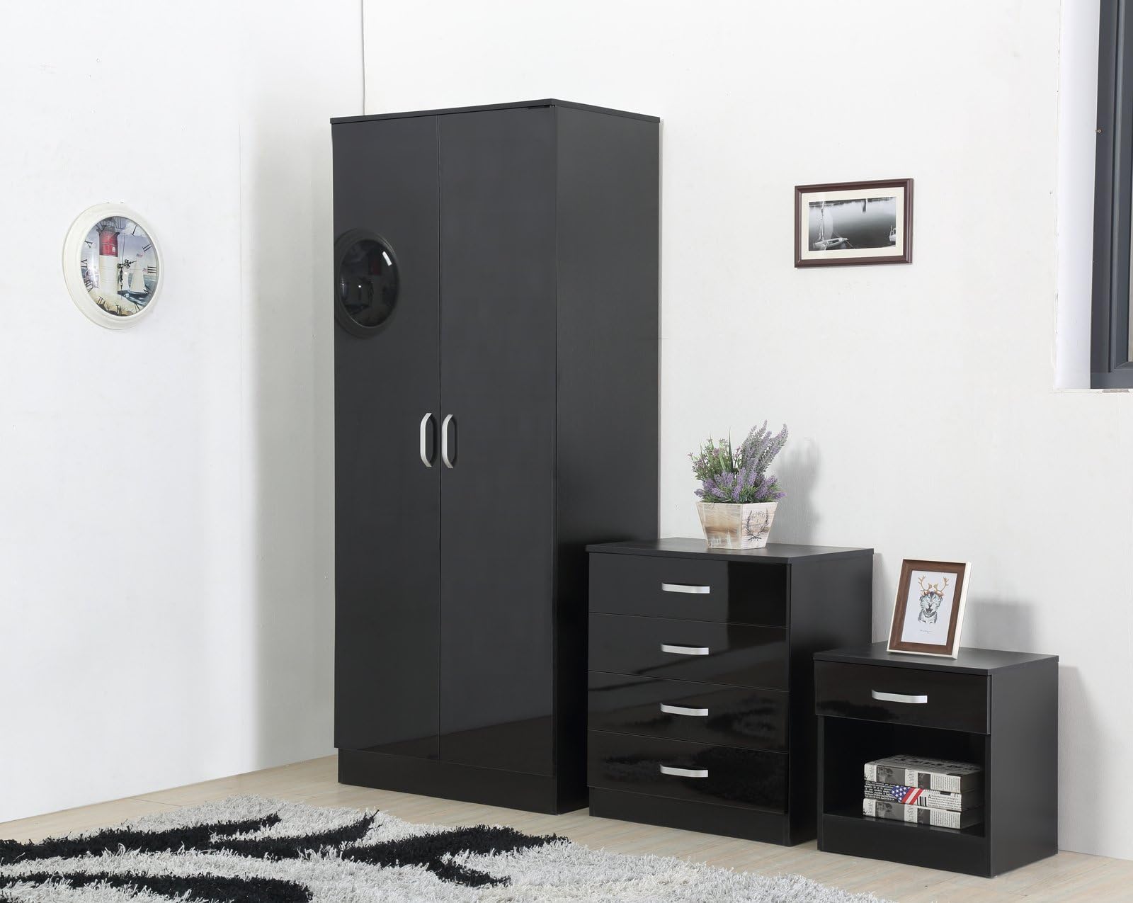 Limitless Home High Gloss 3 Piece Bedroom Furniture Set - Includes Wardrobe, 4 Drawer Chest, Bedside Cabinet (Black)